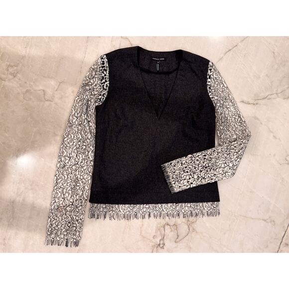Marissa Webb Wool V-neck Wool Sweater Charcoal Gray White Lace Sleeves Size XS - Picture 1 of 8
